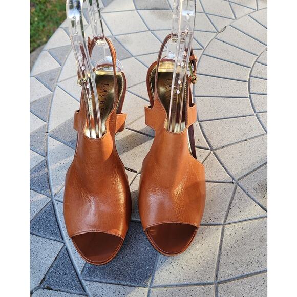 Lauren Ralph Lauren Synthia Cognac Leather Platform Slingback Sandals 10 - Picture 5 of 15